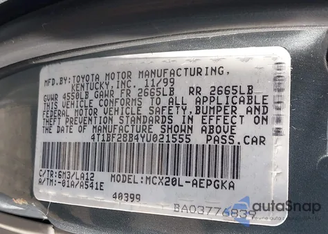 2000 Toyota Avalon Xls из США, поврежденный, VIN 4T1BF28B4YU021555